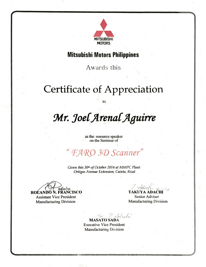 Certificate of Appreciation from Mitsubishi Motors